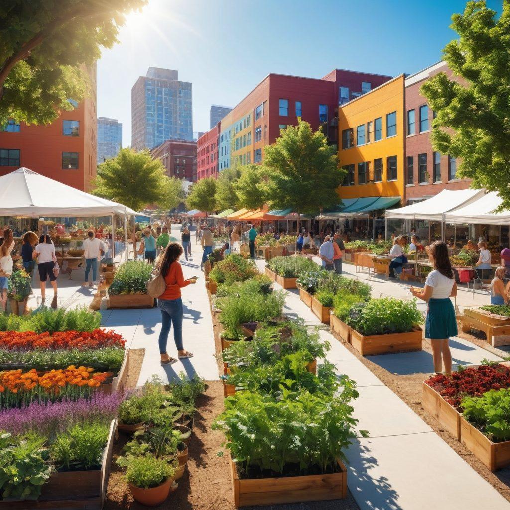 A vibrant community scene showing diverse people engaging in various activities, such as planting trees, enjoying a farmer's market, and collaborating in a colorful community garden, symbolizing growth and harmony. The background features modern buildings with eco-friendly designs, depicting progress and sustainability. Sunlight bathes the scene in warmth, creating a hopeful atmosphere. super-realistic. vibrant colors. white background.