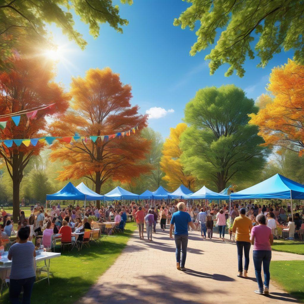 A lively community gathering in a sunny park, showcasing diverse people engaging in joyful activities, such as dancing, laughing, and sharing food. Colorful decorations and banners representing Myta Association fill the scene, with children playing and adults exchanging warm smiles. The backdrop features blossoming trees and a bright blue sky, emphasizing a positive atmosphere. super-realistic. vibrant colors. natural setting.