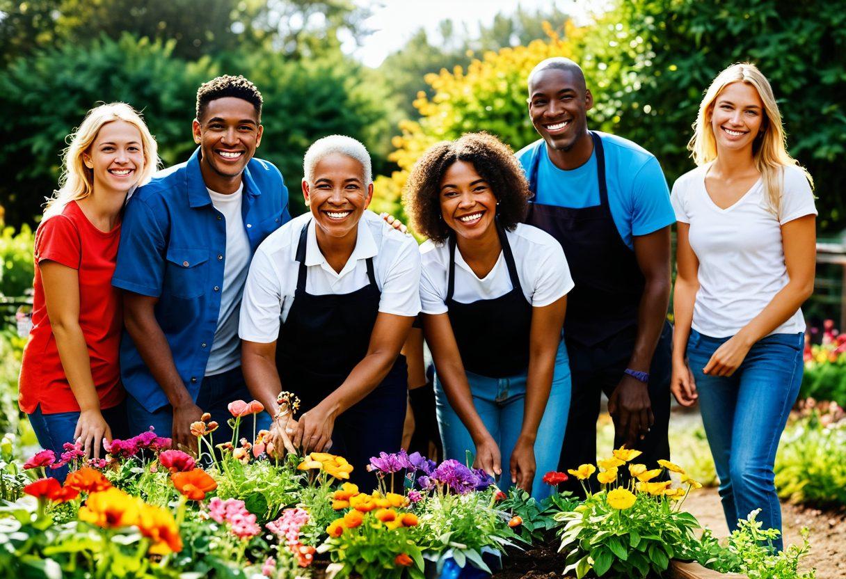A diverse group of joyful individuals from various cultures working together in a vibrant community garden, with colorful flowers and plants symbolizing cooperative efforts. Lively expressions of happiness and connection among the people, showcasing teamwork and support. Warm sunlight illuminating the scene, enhancing feelings of positivity and togetherness. super-realistic. vibrant colors. soft-focus background.